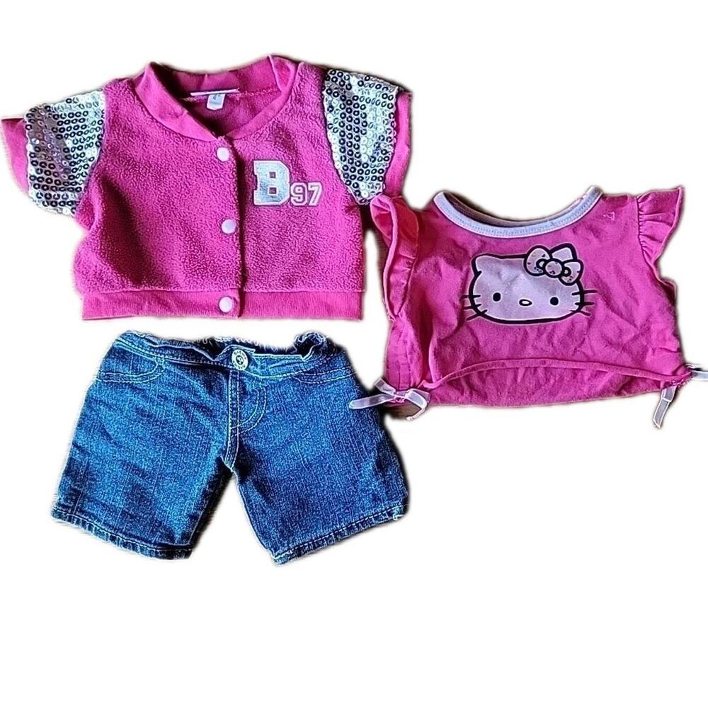 BUILD A BEAR WORKSHOP Hello Kitty Sequin Tee Pink Bows Outfit Jean Shorts Jacket